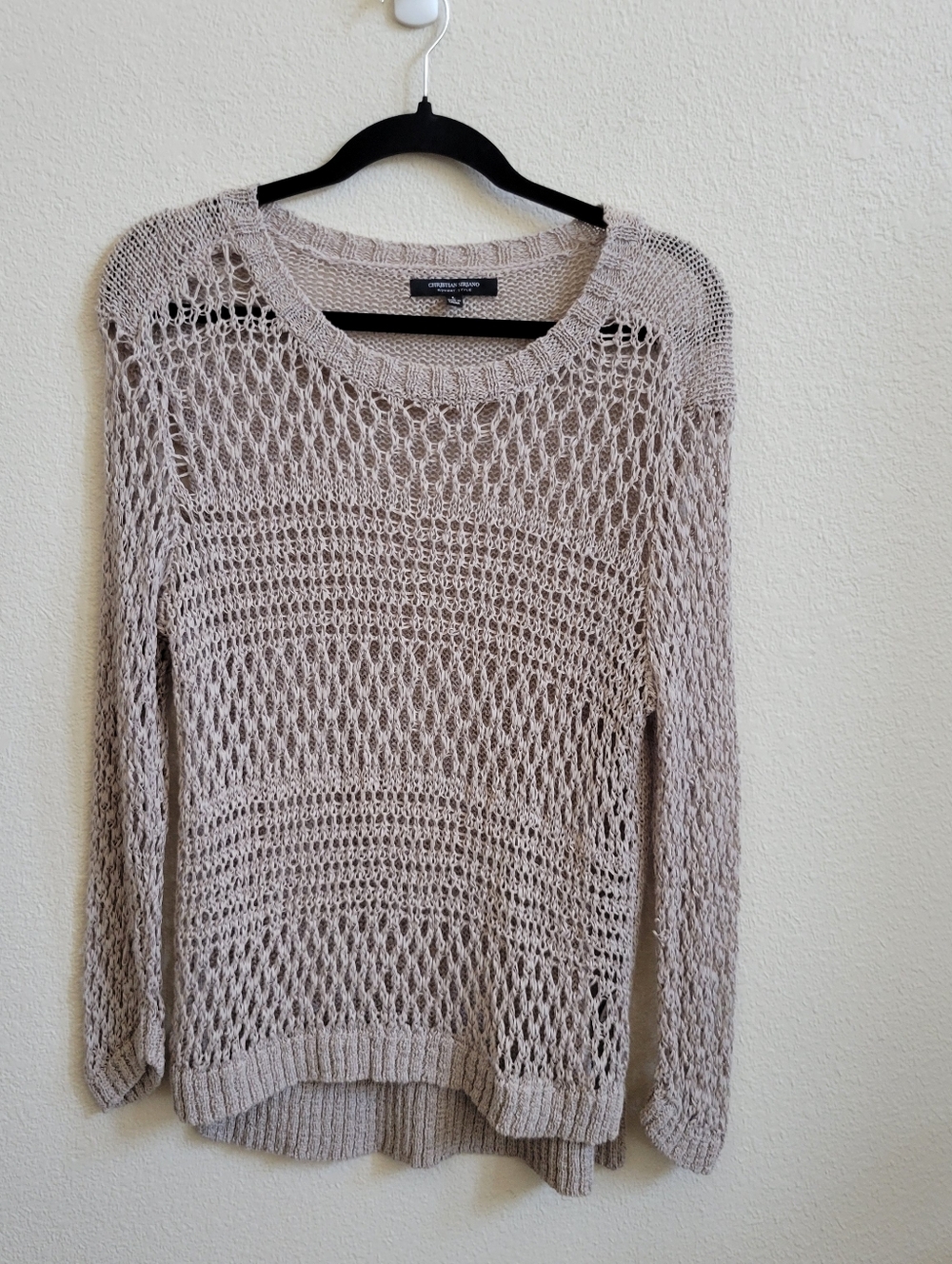 Christian Siriano Taupe Open-Knit Scoop Neck Long Sleeve Sweater Ladies Large.